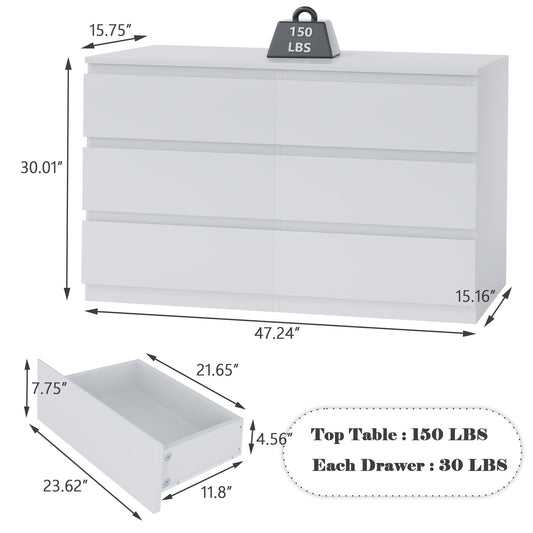 Modern 6 Drawer Dresser with Deep Storage and Handleless Design