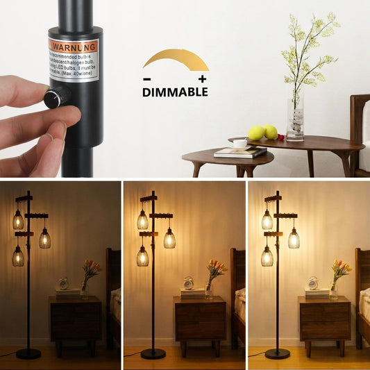 Vintage Wood Floor Lamp with Three Lights and Dimmable Design