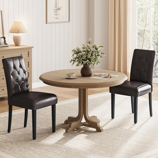 Leather Upholstered Dining Chairs with Tufted High Back and Wood Legs