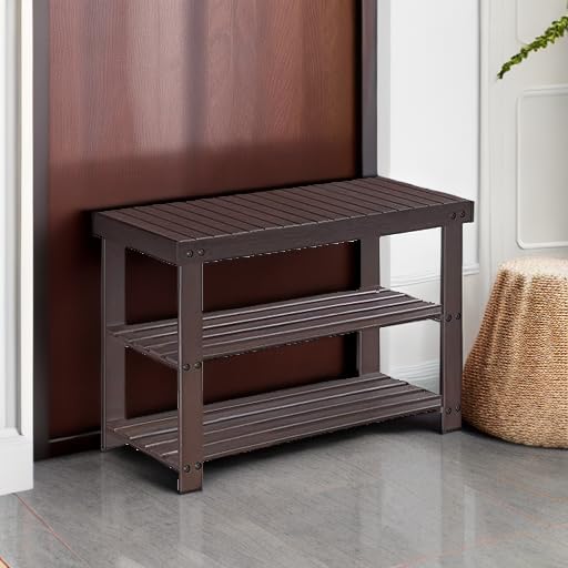 Bamboo Shoe Rack Bench with 3 Tier Storage Shelves
