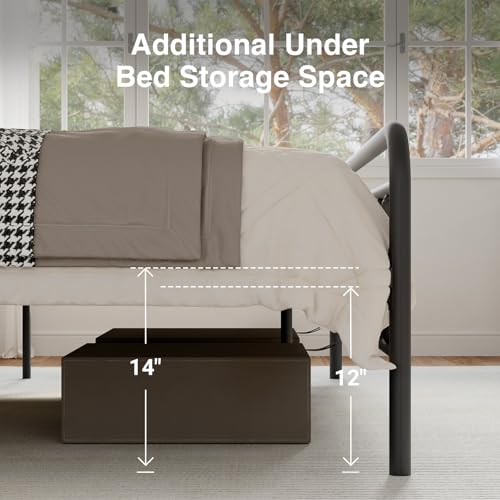 Modern Metal Bed Frame with Headboard and Under Bed Storage
