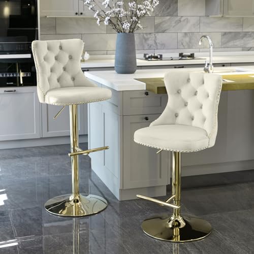 Velvet Counter Height Bar Stools with Tufted Back and Swivel Seat