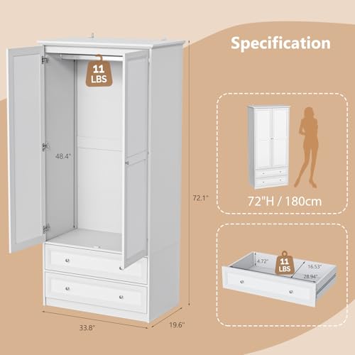 VINGLI Wardrobe Closet with Doors, Drawers and Hanging Rod