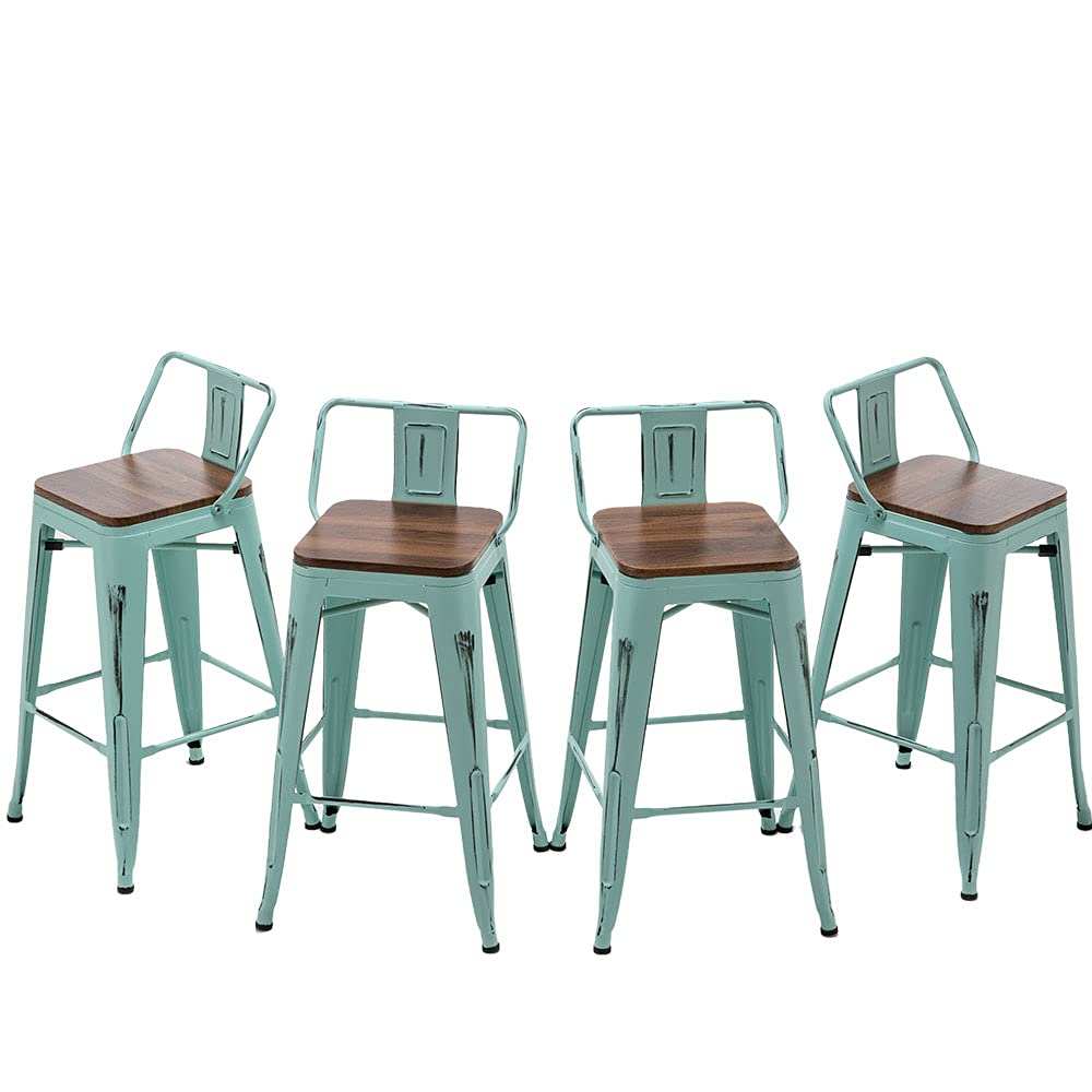 Industrial Metal Bar Stools with Wooden Seats and Footrest