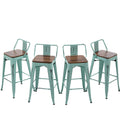 Industrial Metal Bar Stools with Wooden Seats and Footrest