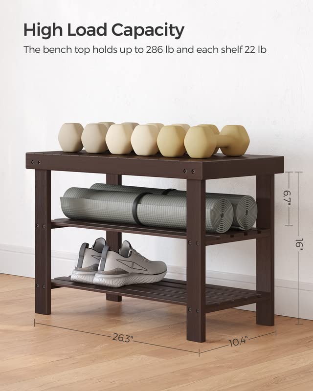 Bamboo Shoe Rack Bench with 3 Tier Storage Shelves