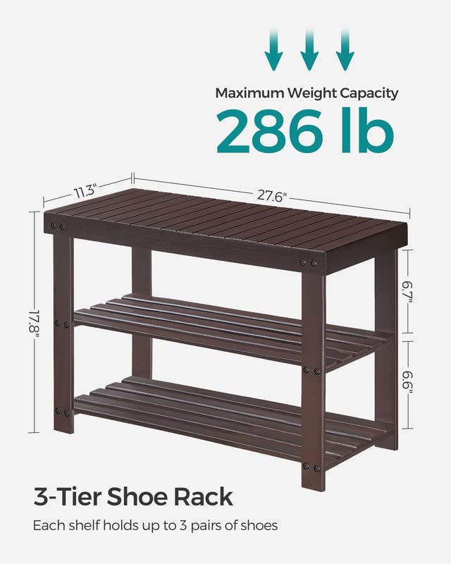 Bamboo Shoe Rack Bench with 3 Tier Storage Shelves