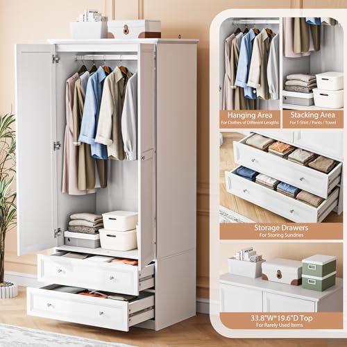 VINGLI Wardrobe Closet with Doors, Drawers and Hanging Rod