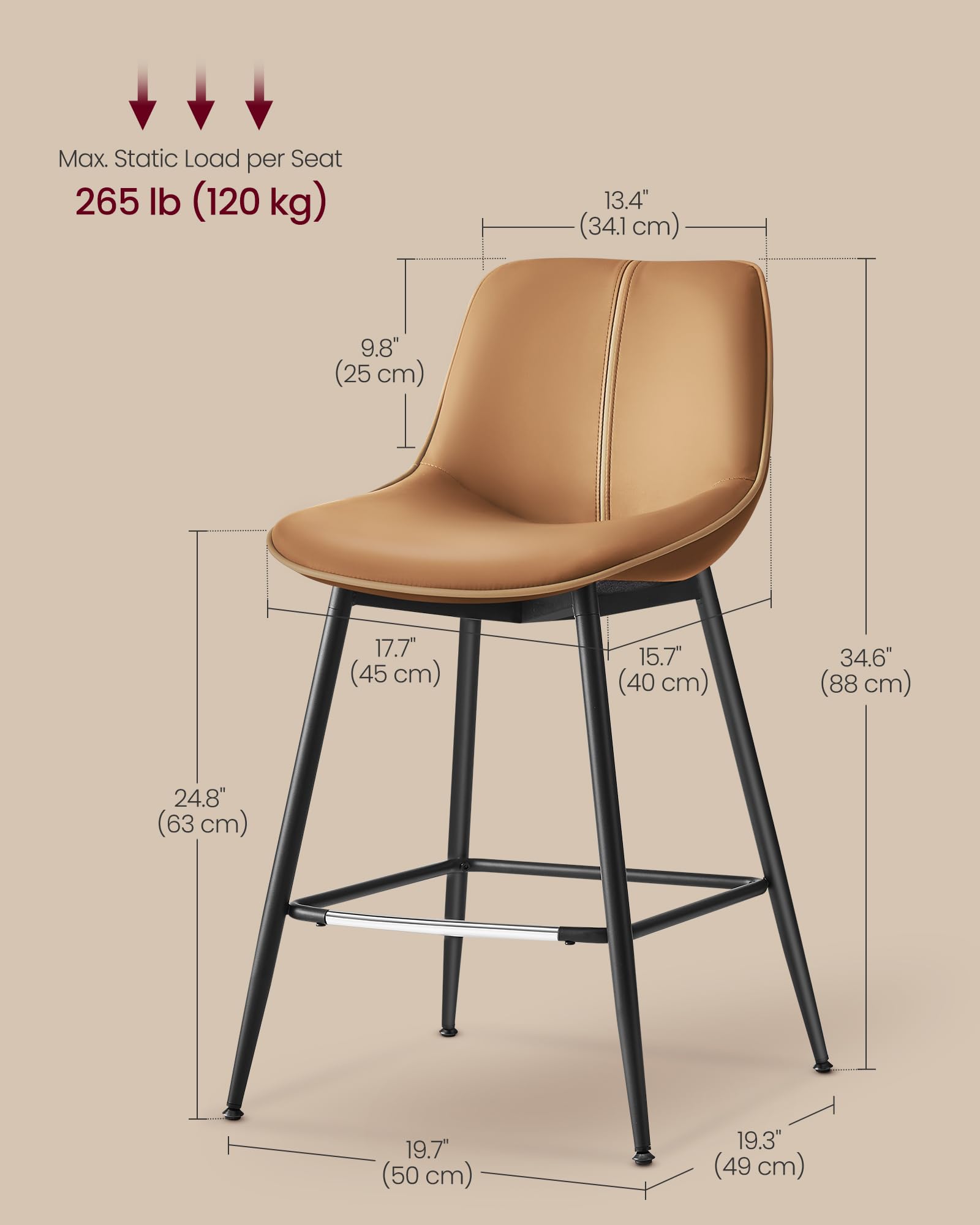 VASAGLE Bar Stools, Bar Height Bar Stools with Back, Ergonomic Backrest