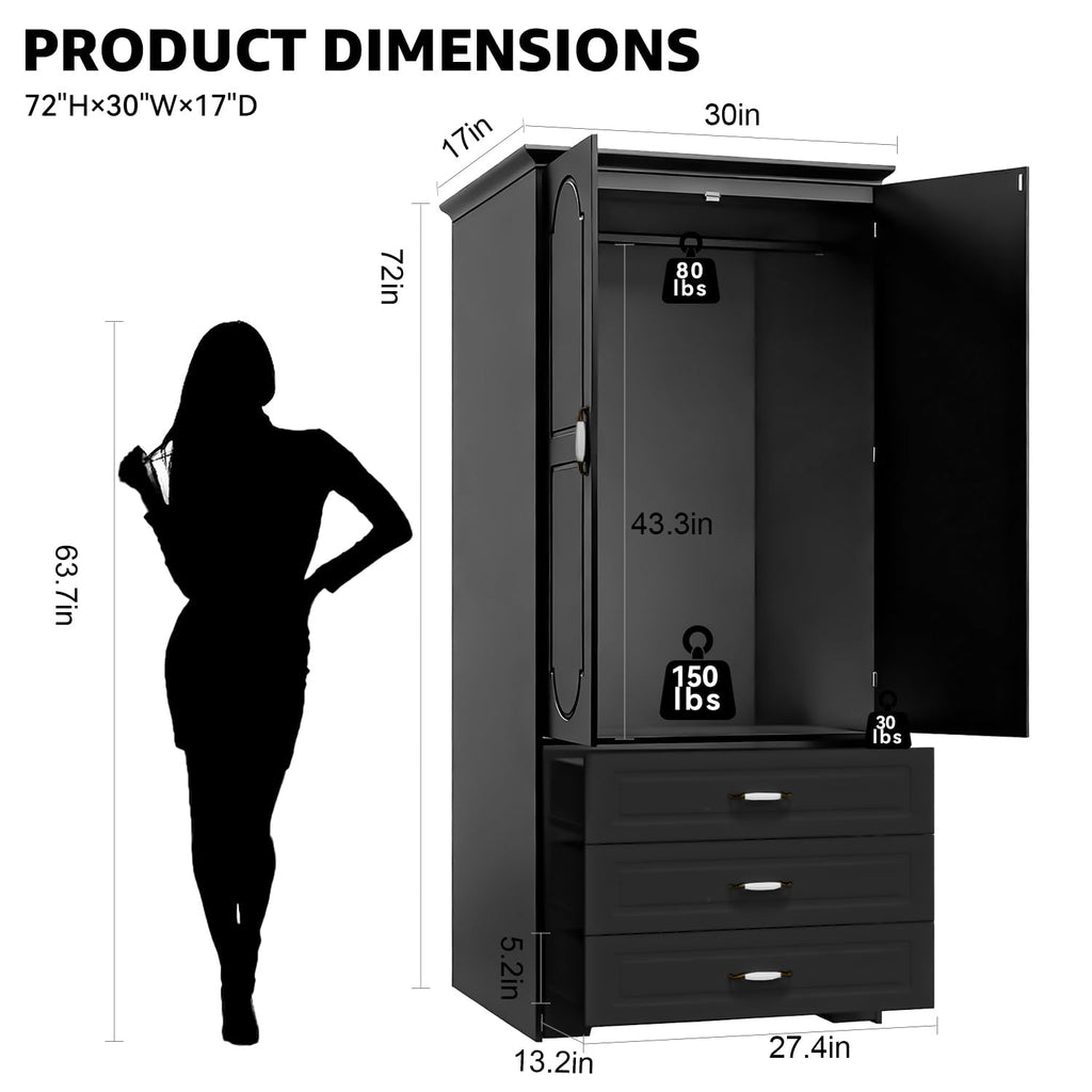 Modern Wardrobe Armoire with 3 Drawers, LED Light and Hanging Rod