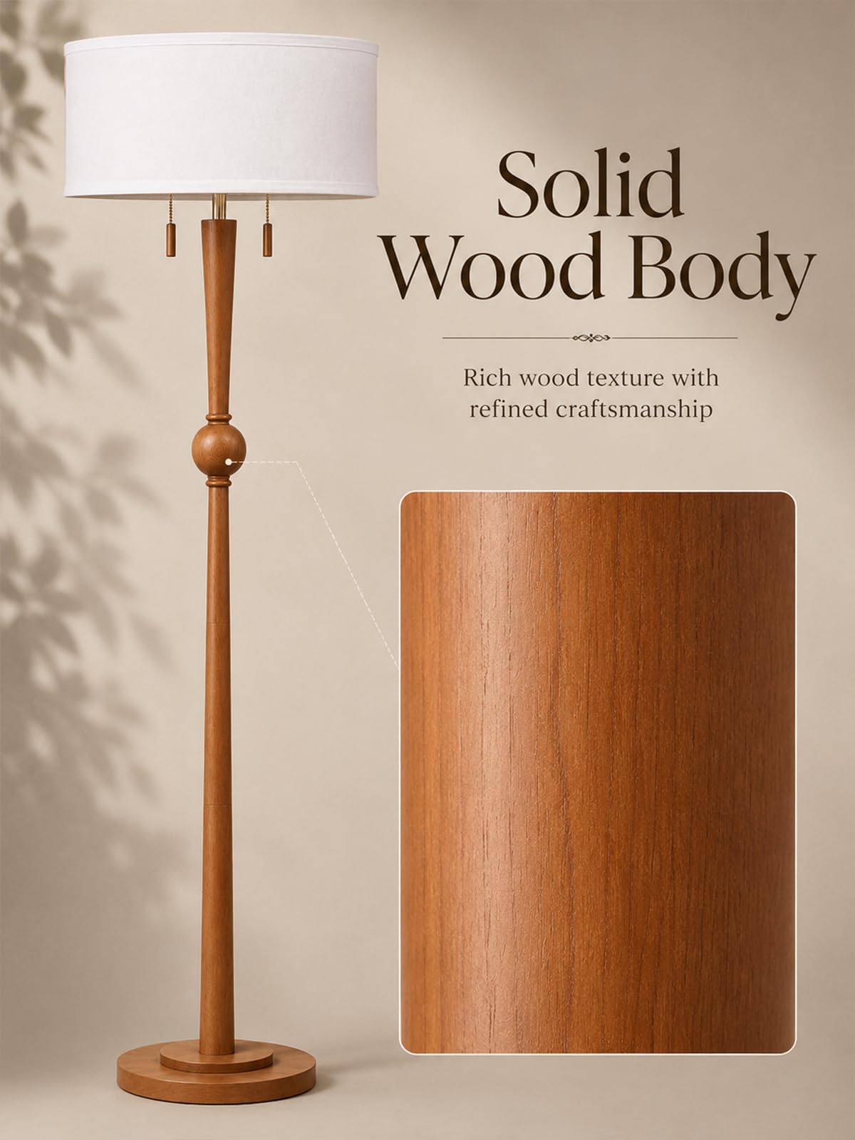 Solid Oak Wood Floor Lamp with Linen Shade and Sculptural Base
