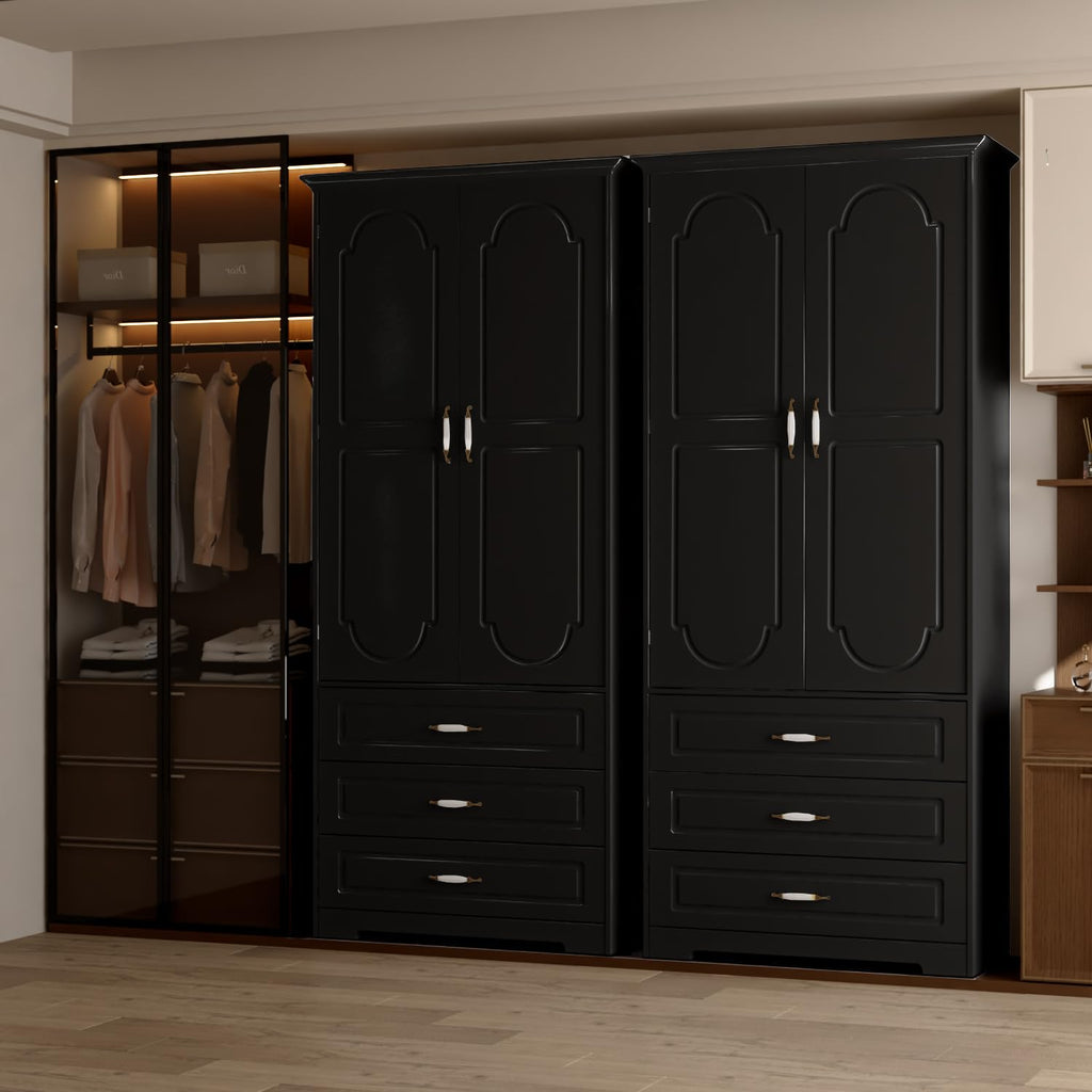 Modern Wardrobe Armoire with 3 Drawers, LED Light and Hanging Rod