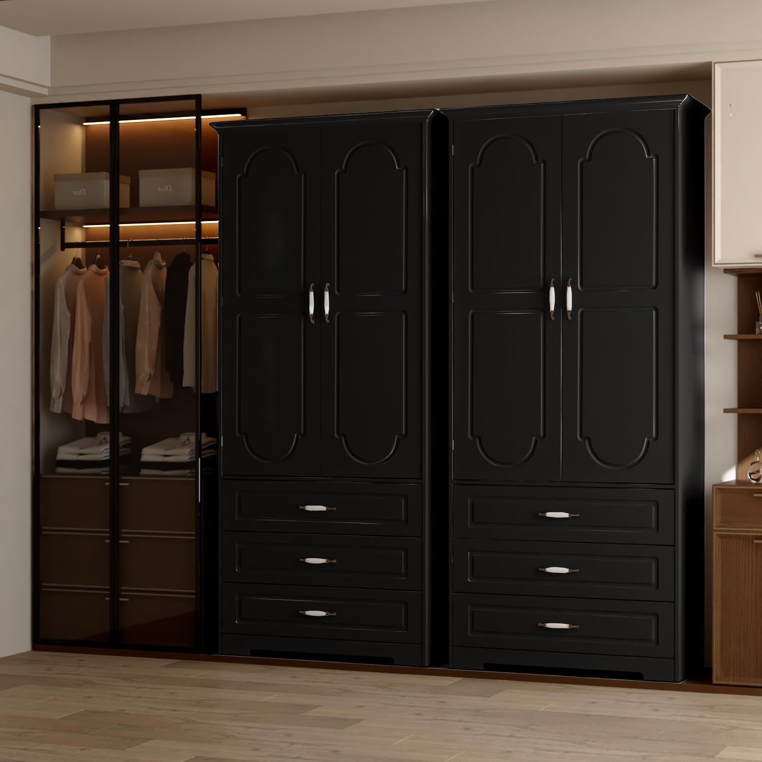 Modern Wardrobe Armoire with 3 Drawers, LED Light and Hanging Rod