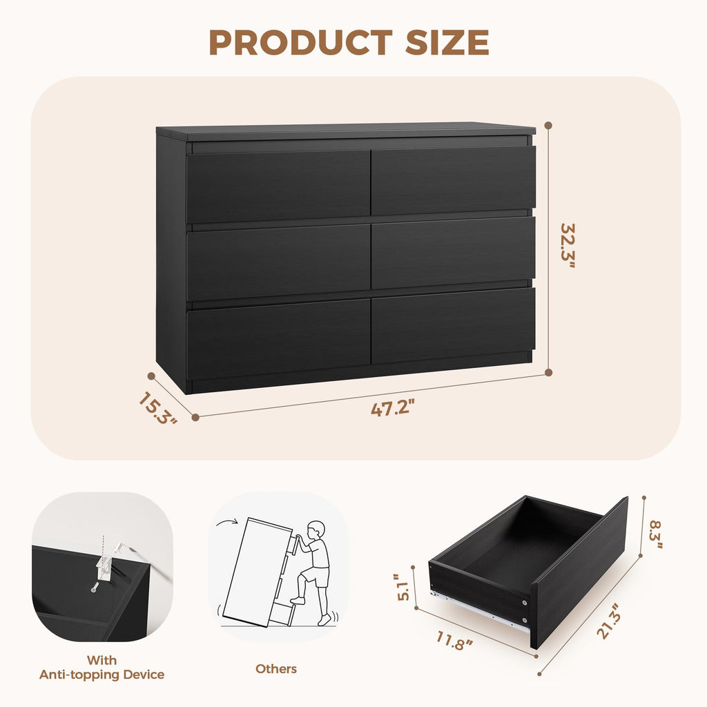 Modern 6 Drawer Dresser with Wood Storage and Anti-Tip Design