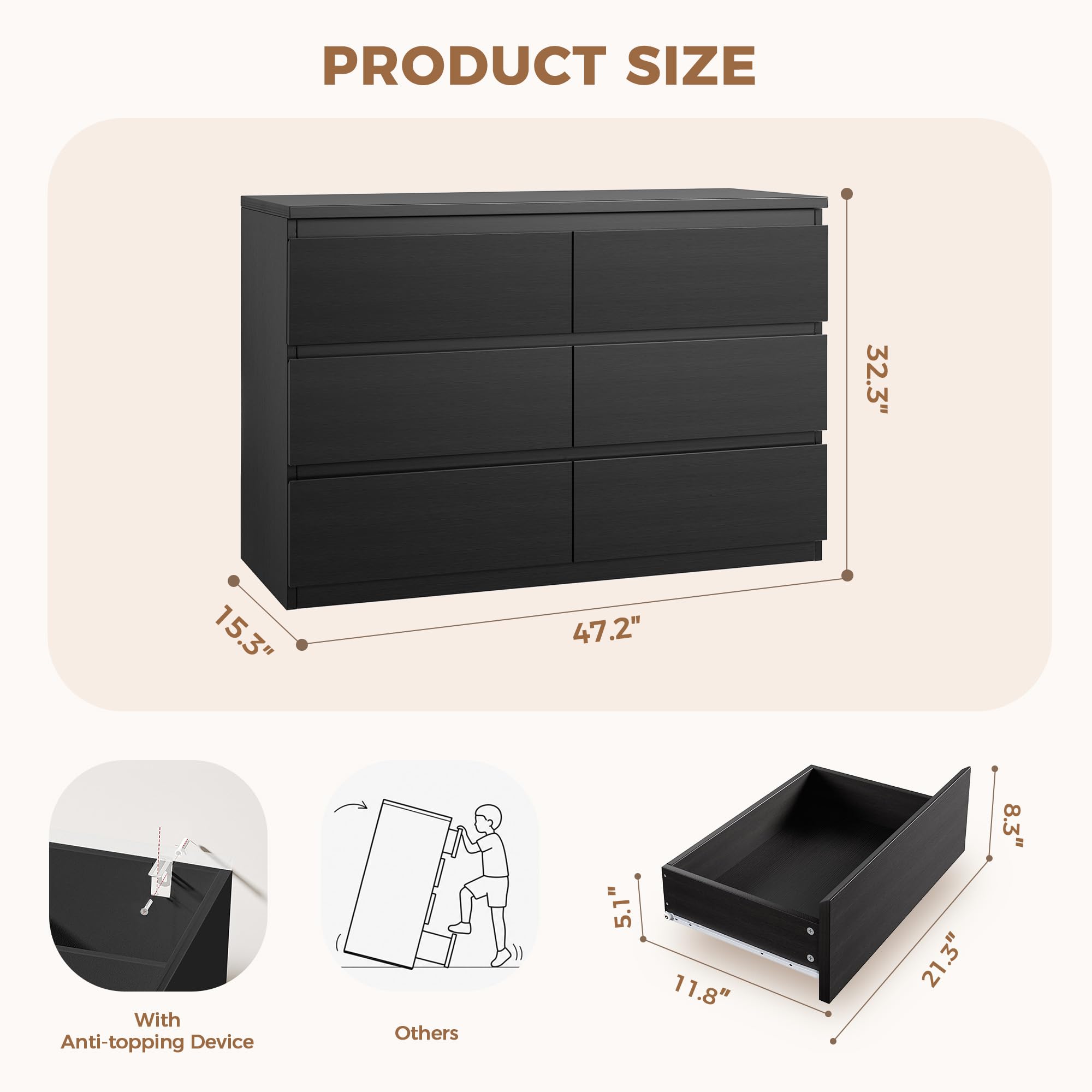 Modern 6 Drawer Dresser with Wood Storage and Anti-Tip Design