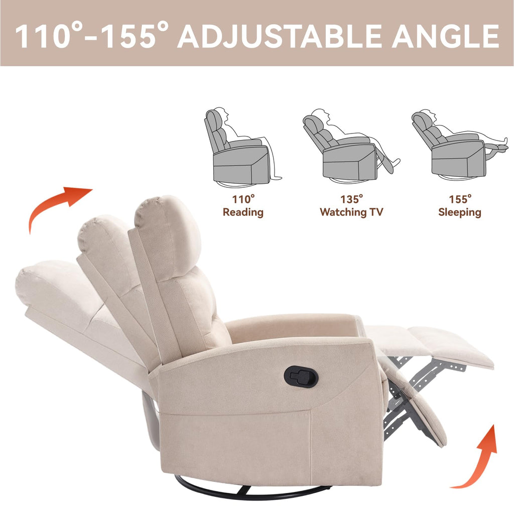 Manual Swivel Rocker Recliner Chair with 360° Rotation and Reclining Backrest