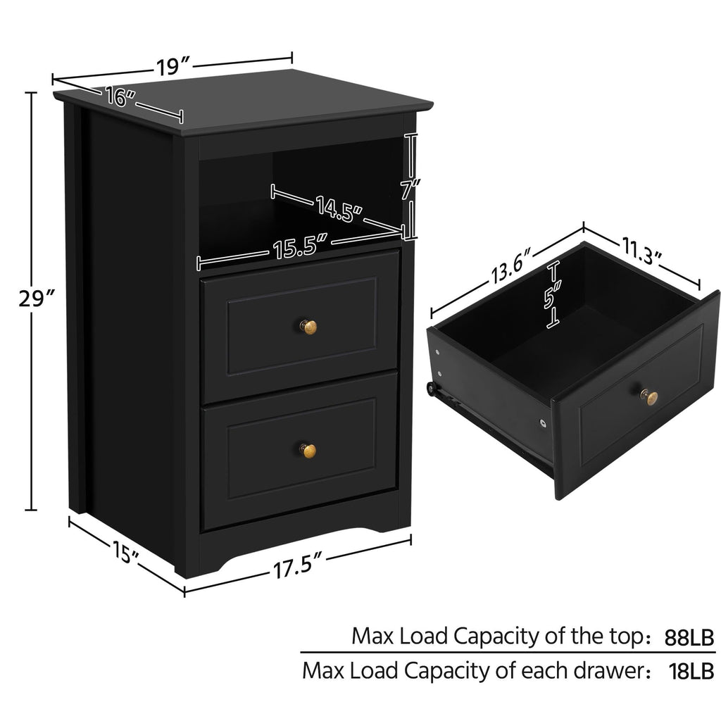 Wooden Nightstand with 2 Drawers and Open Storage Cubby