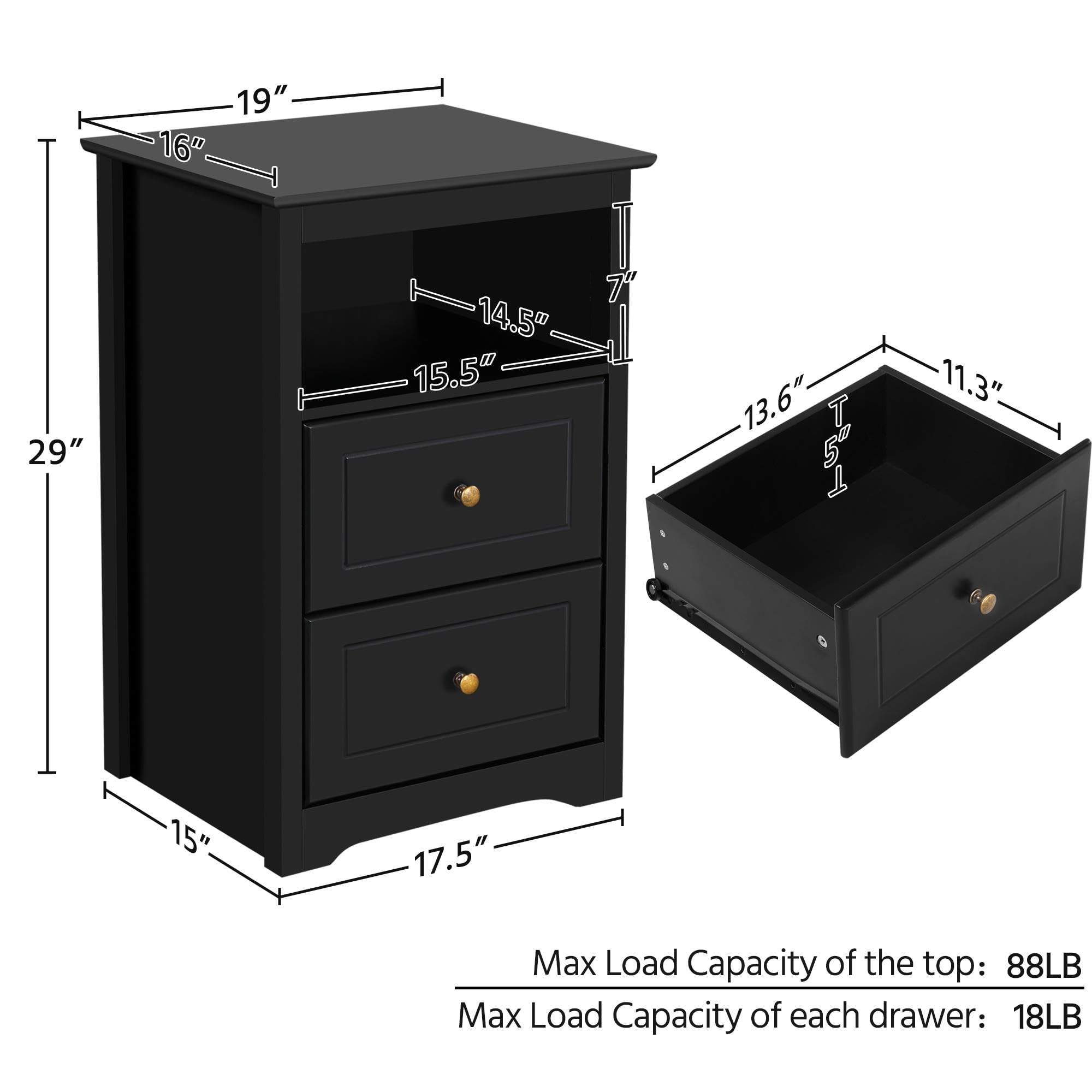 Wooden Nightstand with 2 Drawers and Open Storage Cubby