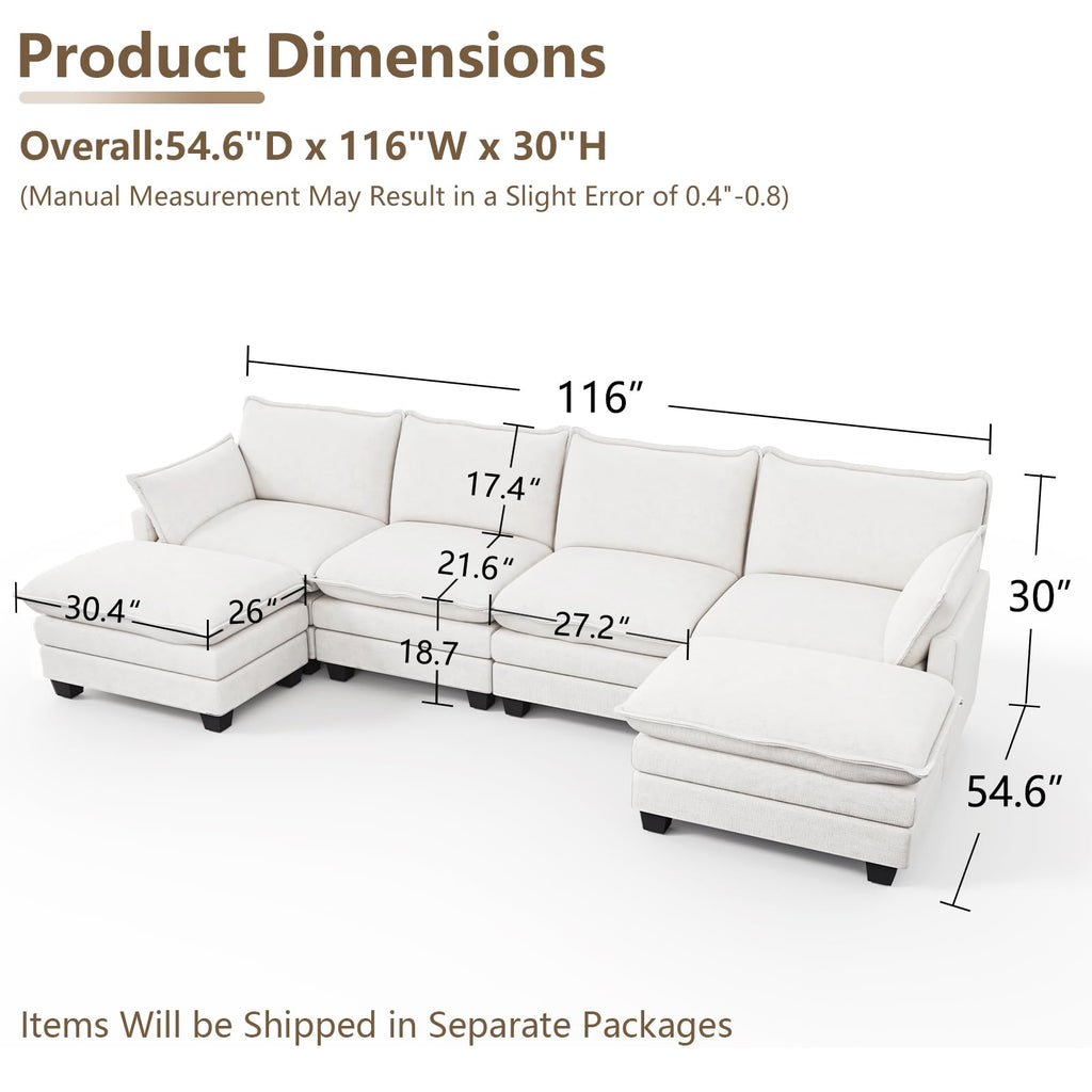 U Shaped Modular Sectional Sofa with Movable Ottoman