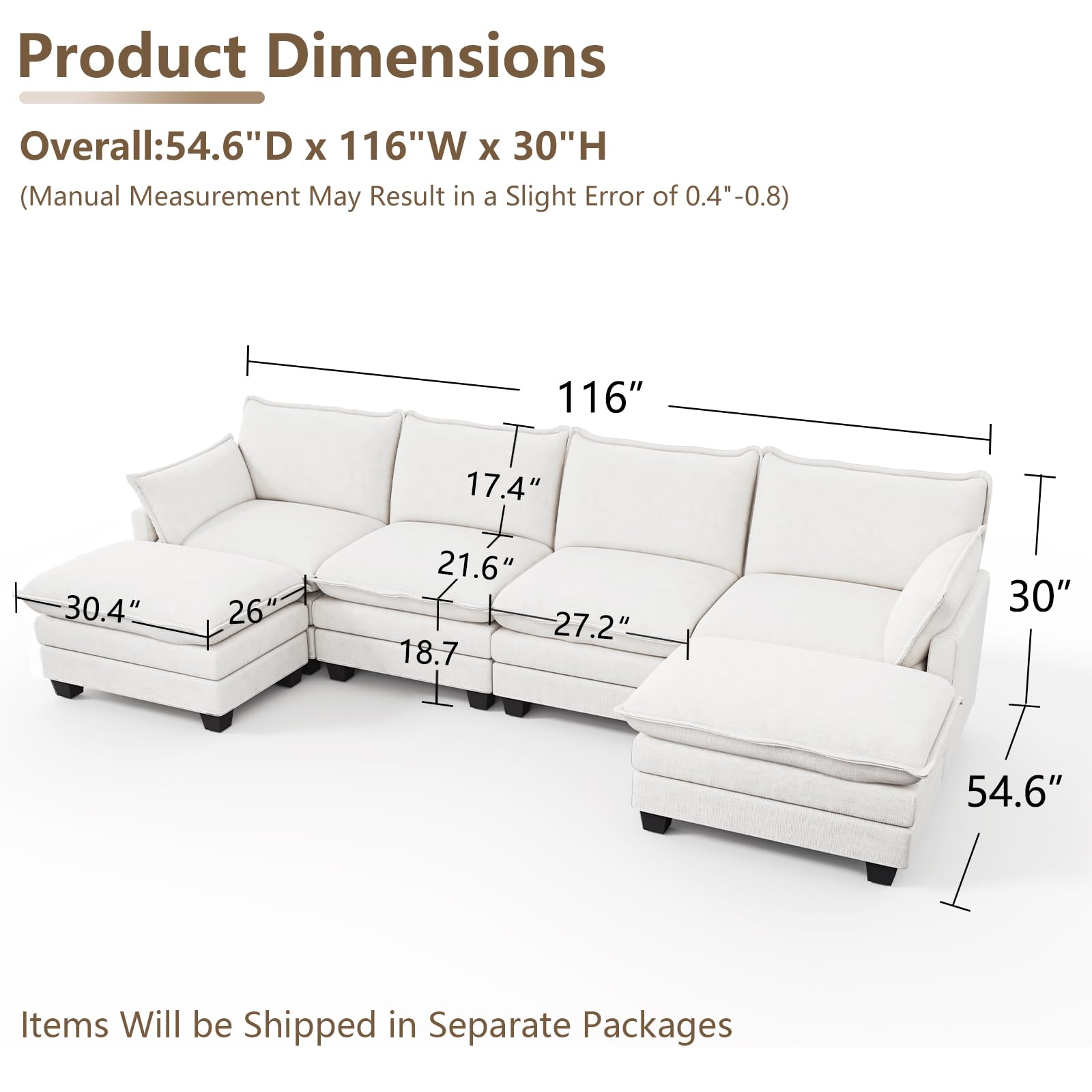 U Shaped Modular Sectional Sofa with Movable Ottoman
