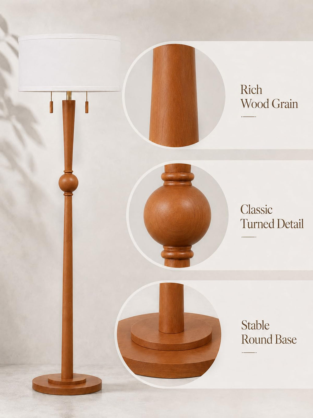 Solid Oak Wood Floor Lamp with Linen Shade and Sculptural Base