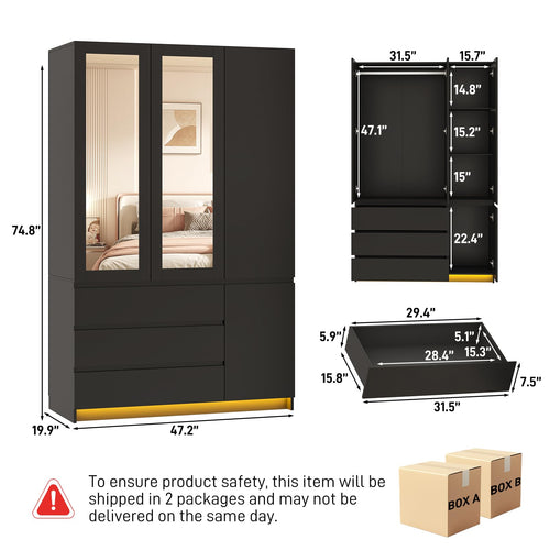 3 Door Wardrobe Armoire with Mirror, Drawers and Hanging Rod
