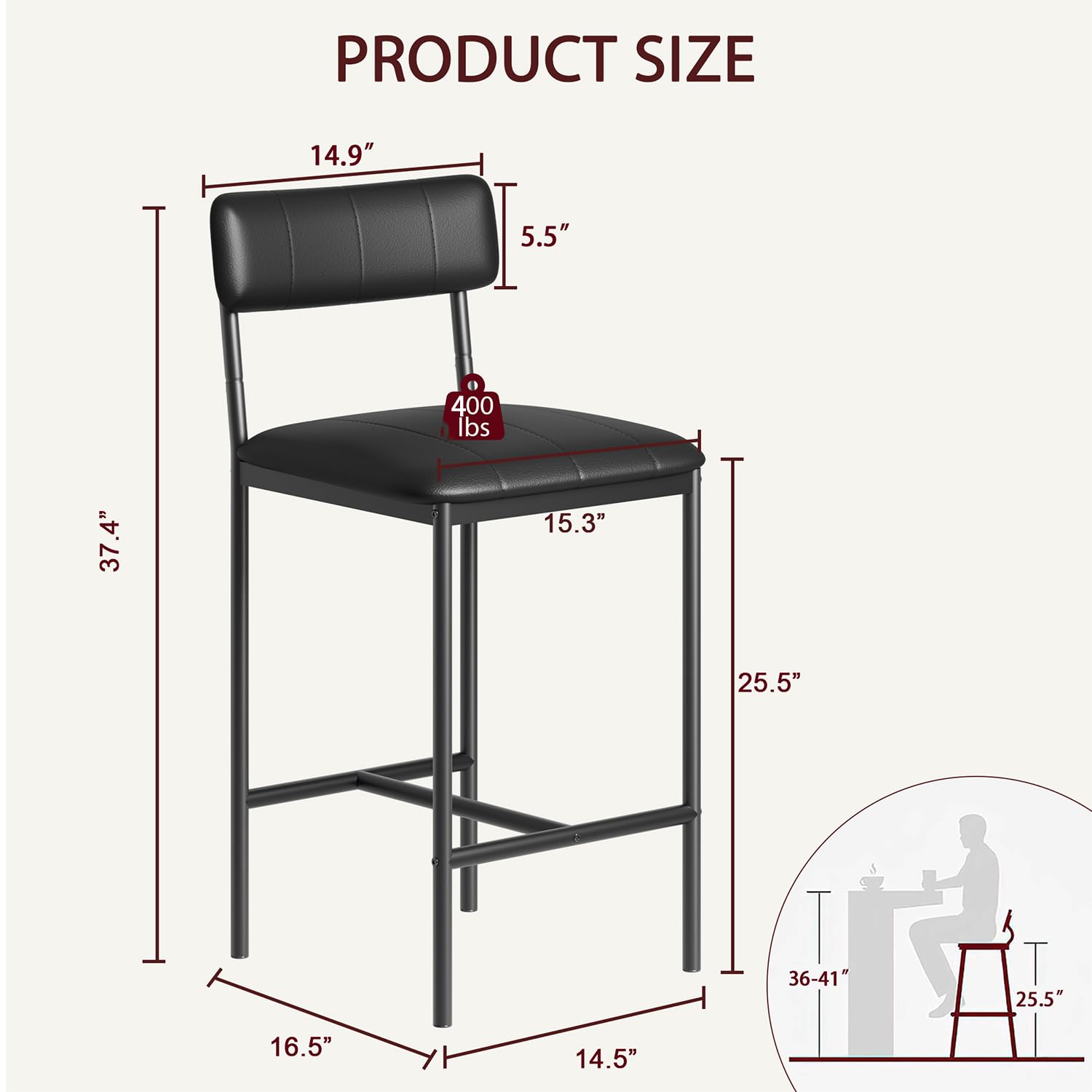 Upholstered Counter Height Bar Stools with Backrest and Footrest