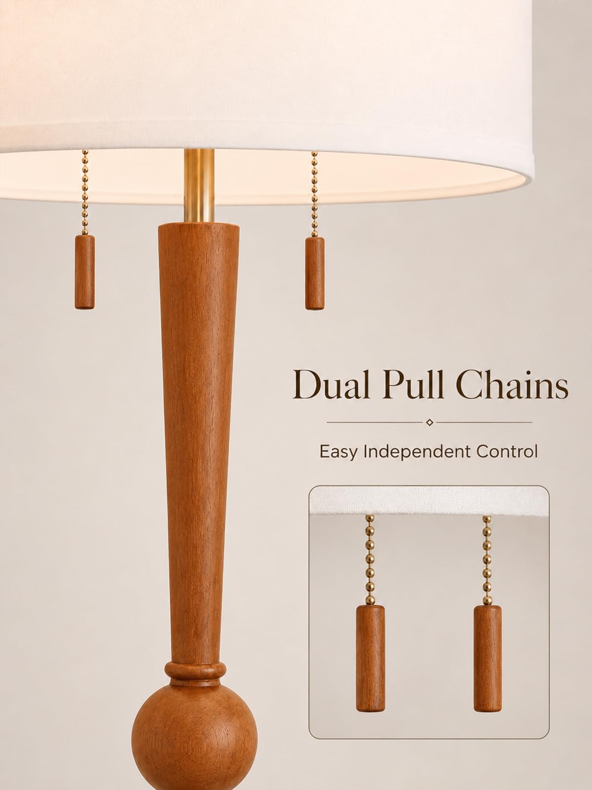 Solid Oak Wood Floor Lamp with Linen Shade and Sculptural Base