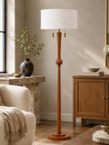 Solid Oak Wood Floor Lamp with Linen Shade and Sculptural Base