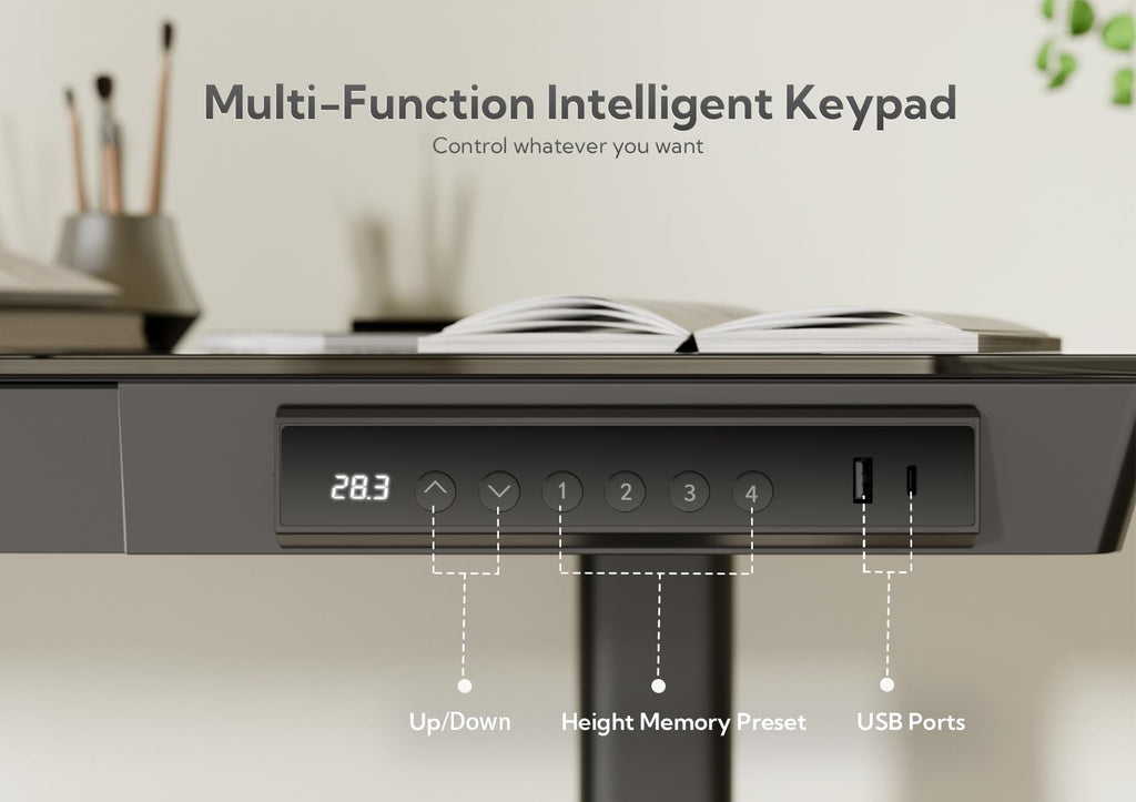 Small Glass Standing Desk with Drawer and USB Charging Ports