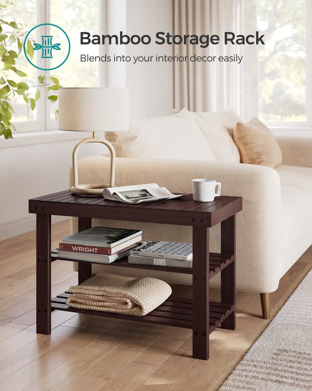 Bamboo Shoe Rack Bench with 3 Tier Storage Shelves