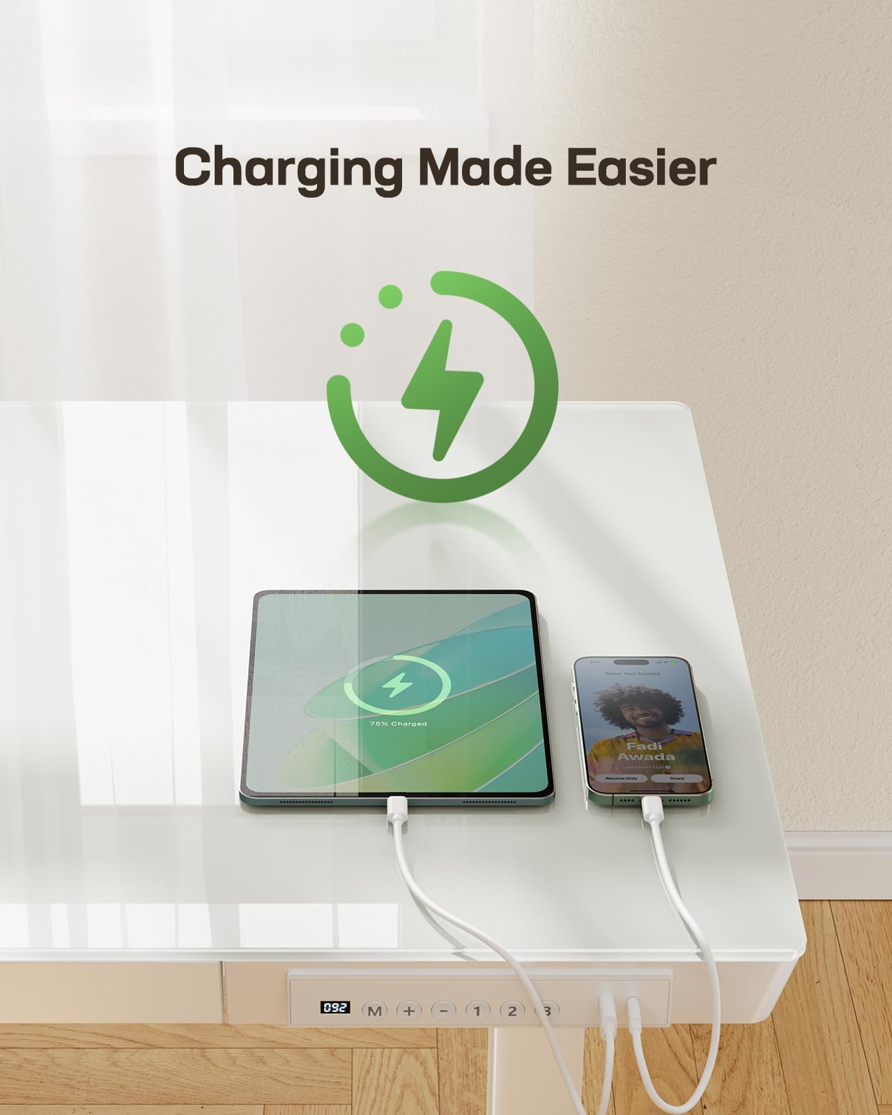 Electric Standing Desk with Glass Top, Drawer and USB Charging Ports