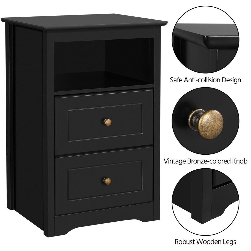 Wooden Nightstand with 2 Drawers and Open Storage Cubby