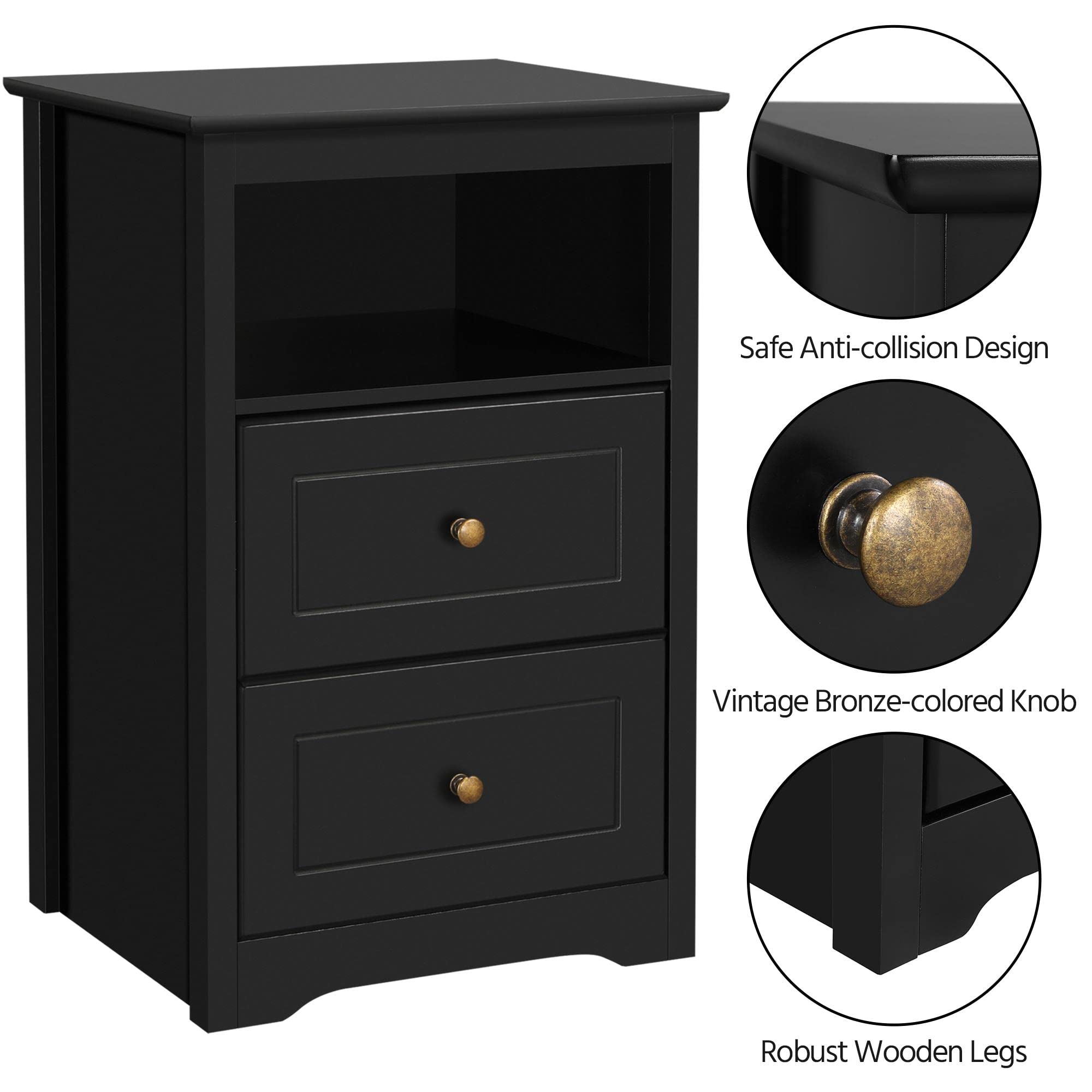 Wooden Nightstand with 2 Drawers and Open Storage Cubby