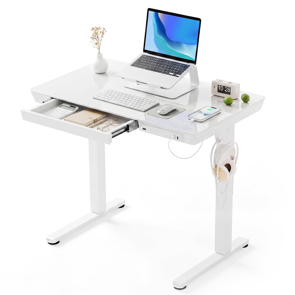 Small Glass Standing Desk with Drawer and USB Charging Ports