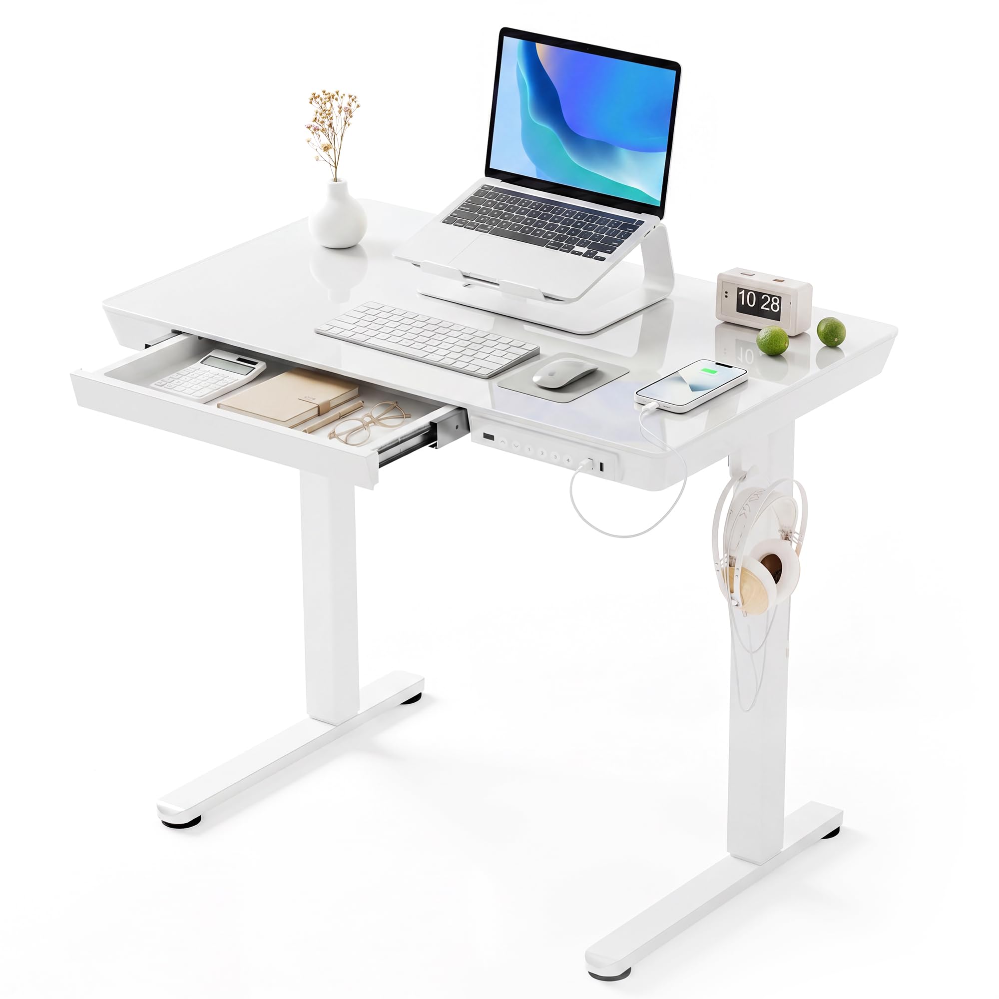 Small Glass Standing Desk with Drawer and USB Charging Ports