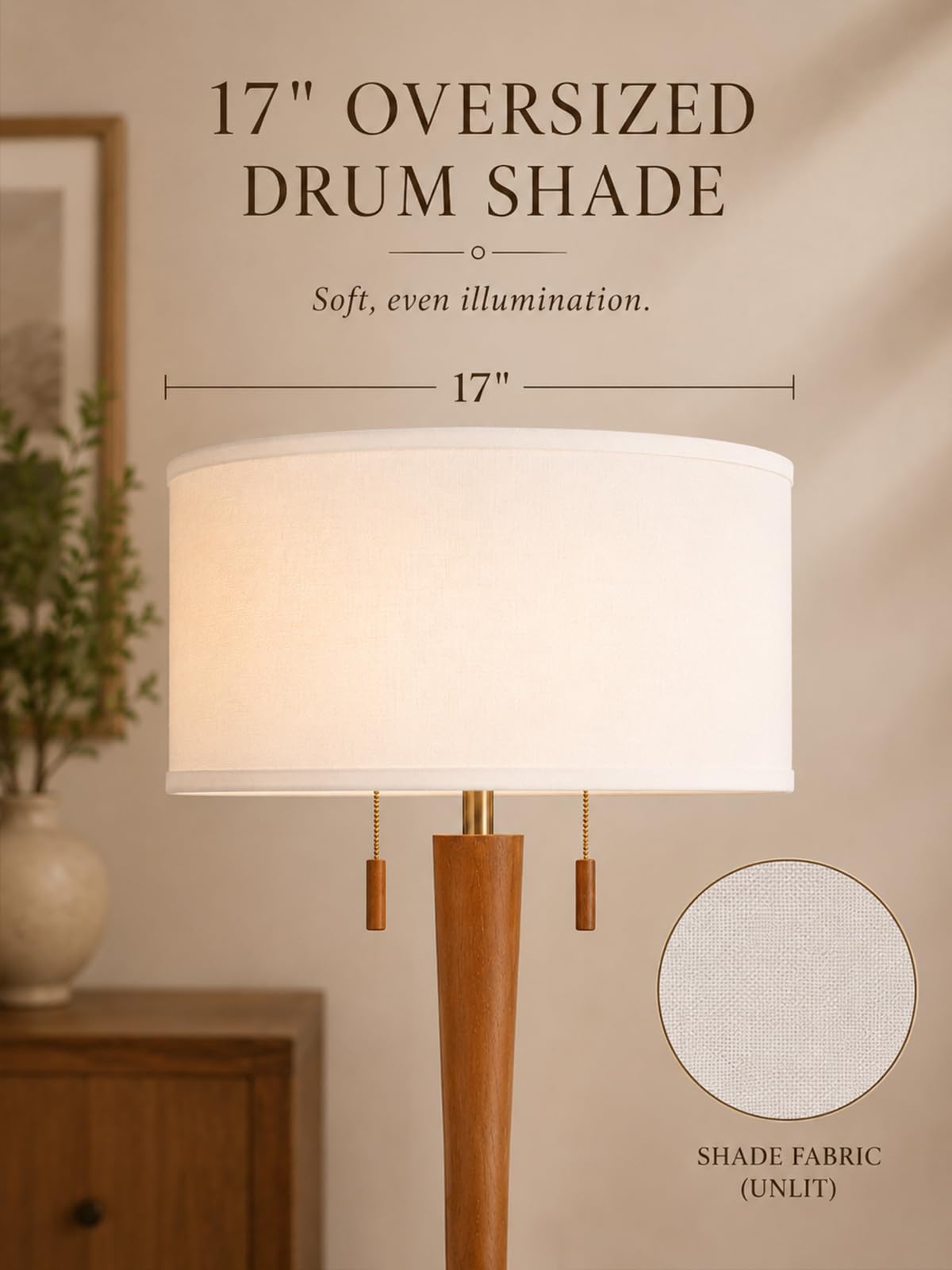 Solid Oak Wood Floor Lamp with Linen Shade and Sculptural Base