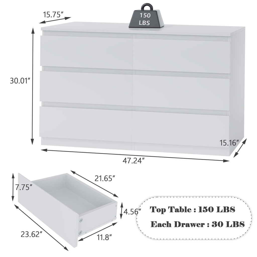 Modern 6 Drawer Dresser with Deep Storage and Handleless Design