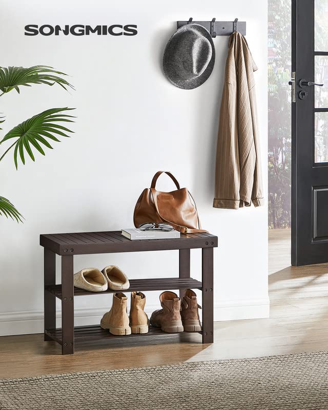 Bamboo Shoe Rack Bench with 3 Tier Storage Shelves