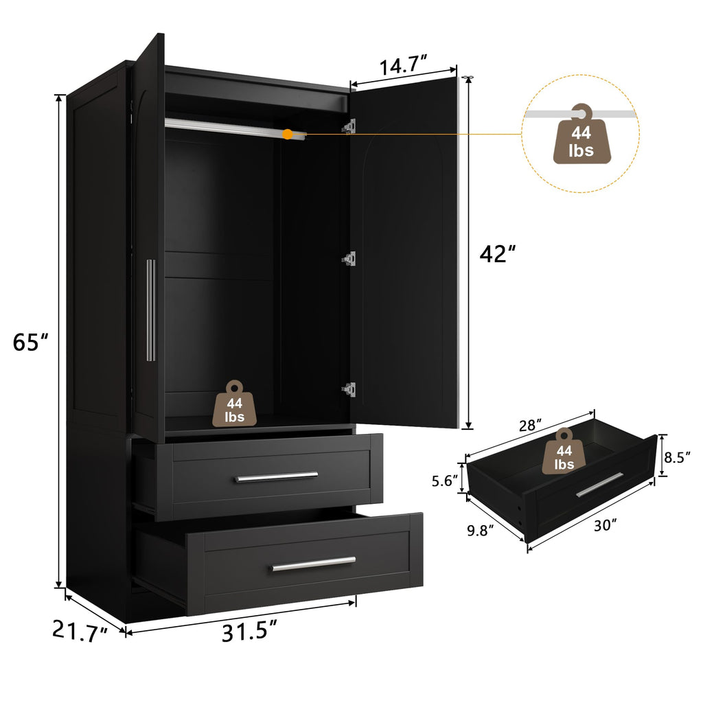 Wooden Wardrobe Armoire with Drawers, Doors and Hanging Rod