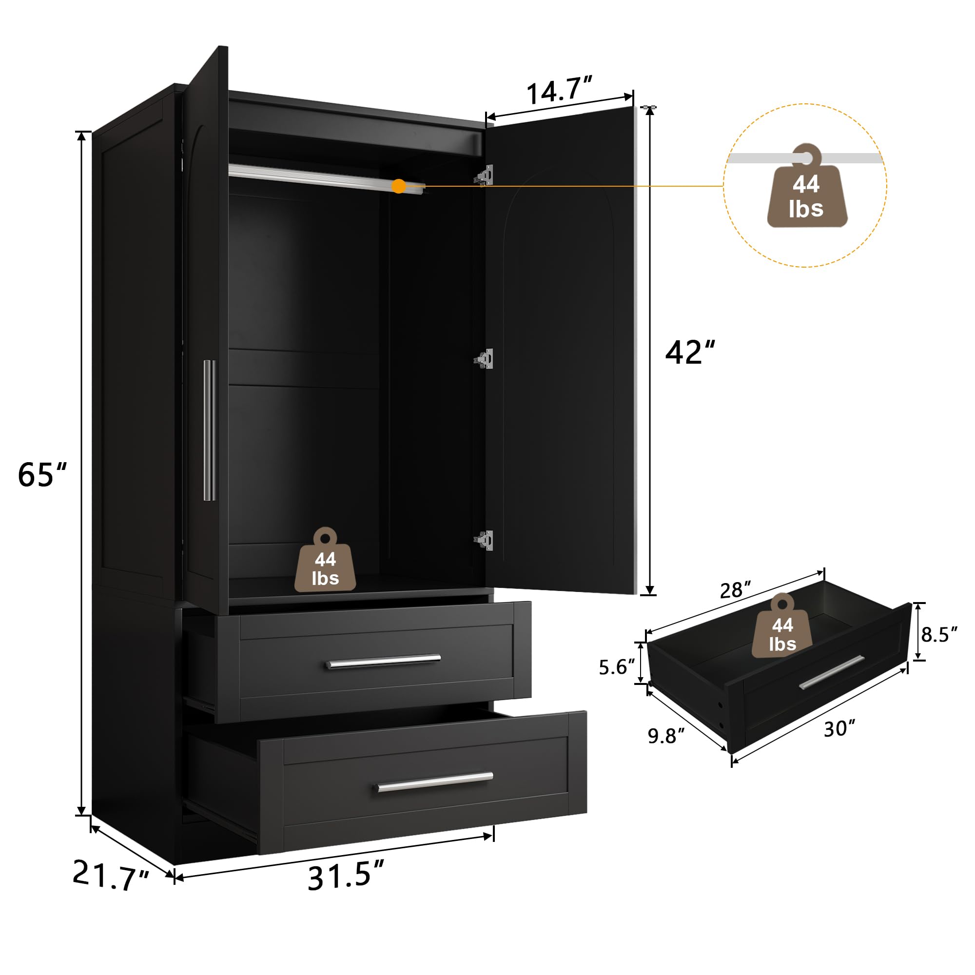 Wooden Wardrobe Armoire with Drawers, Doors and Hanging Rod
