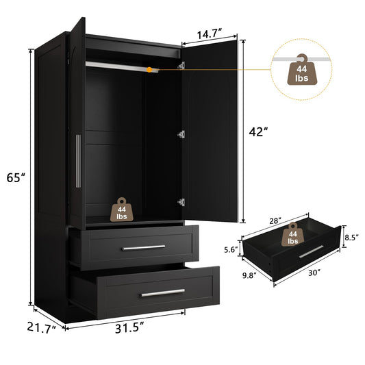 Wooden Wardrobe Armoire with Drawers, Doors and Hanging Rod
