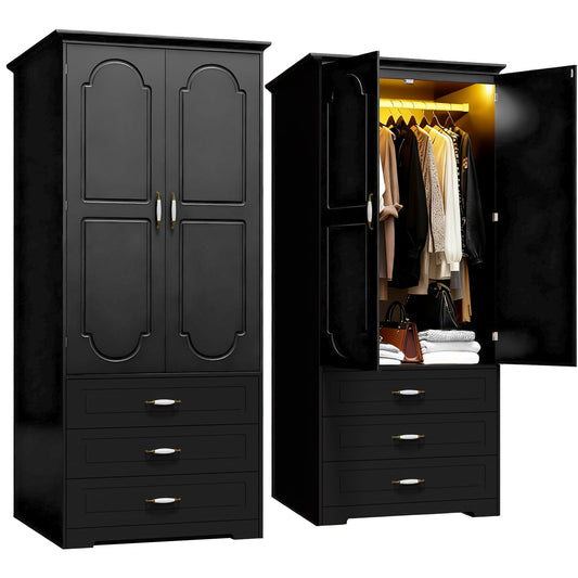 Modern Wardrobe Armoire with 3 Drawers, LED Light and Hanging Rod