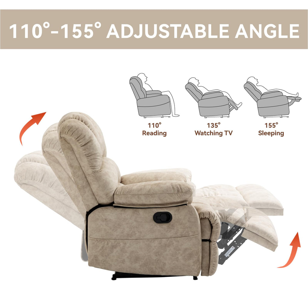 Oversized Fabric Recliner Chair with Adjustable Backrest and Wide Seat