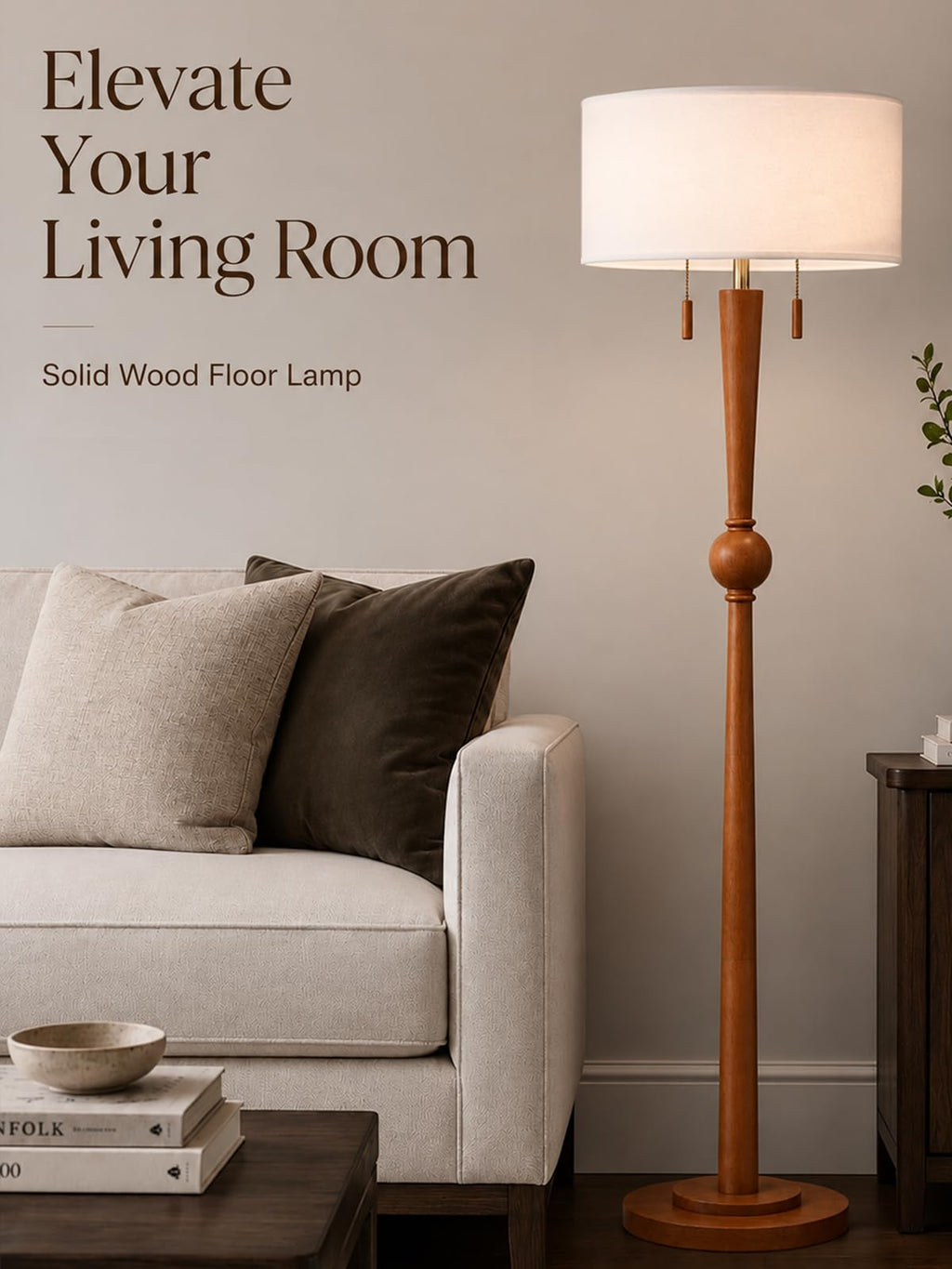 Solid Oak Wood Floor Lamp with Linen Shade and Sculptural Base
