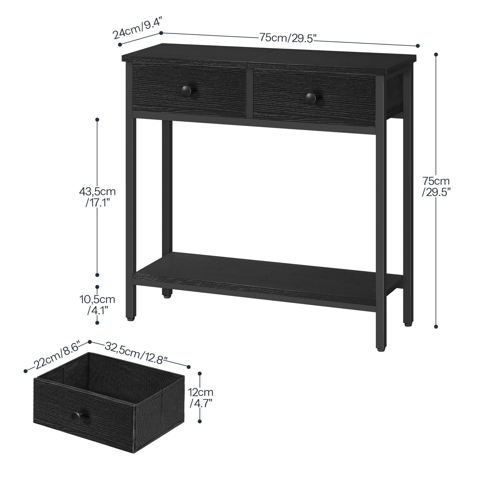 Narrow Console Table with Storage Drawers and Two Tier Shelves