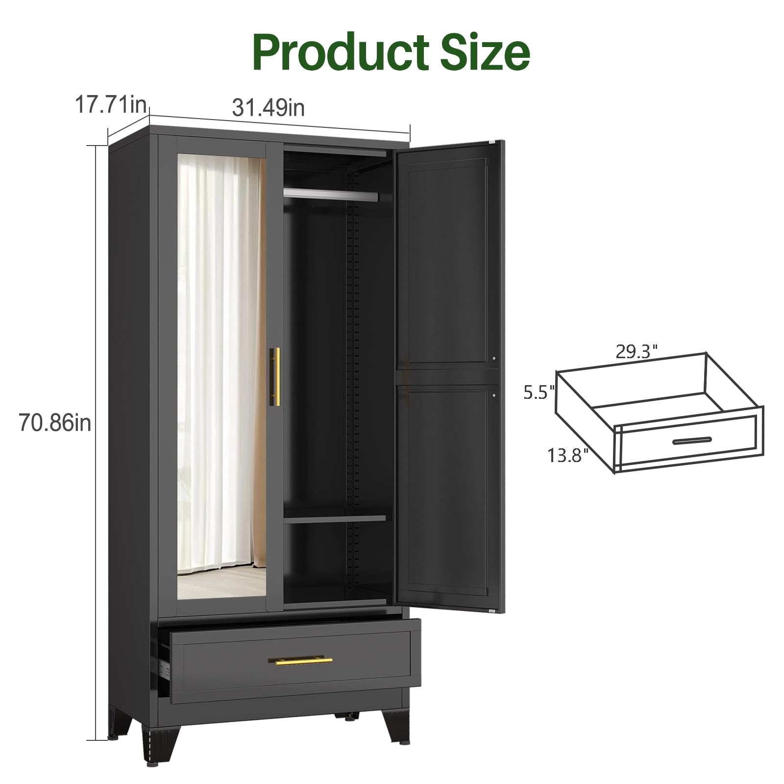 Metal Armoire Wardrobe with Adjustable Shelves and Hanging Rod