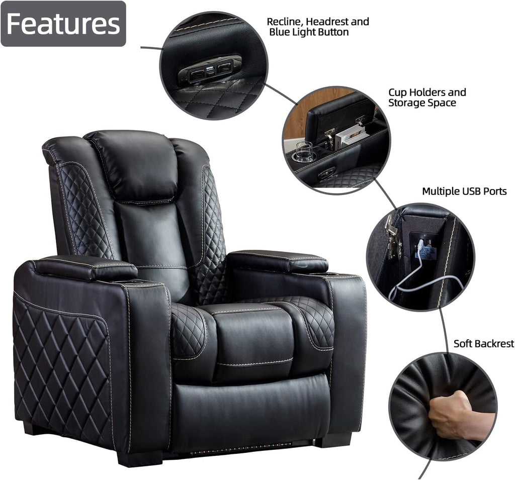 Faux Leather Power Recliner Chair with Ambient Lighting and USB Ports