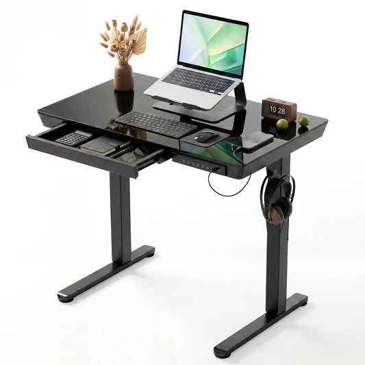 YDN Glass Standing Desk with Drawers