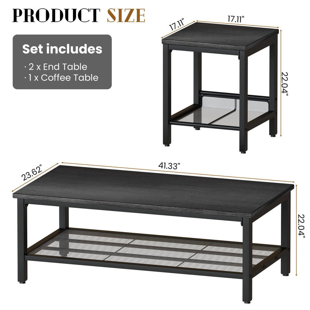 3 Piece Living Room Table Set with Industrial Coffee and Side Tables